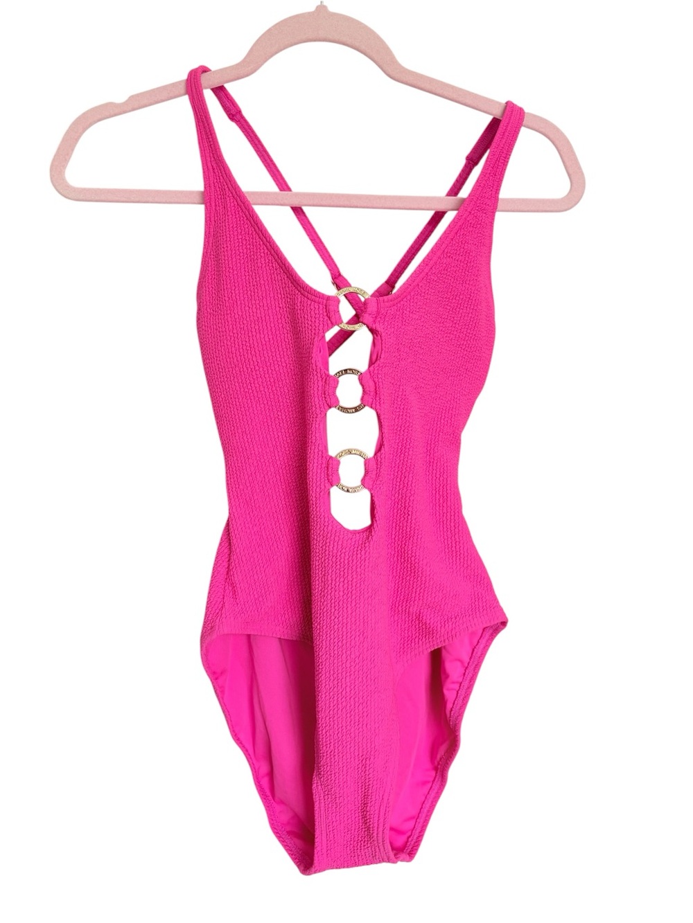 Michael Kors Hot Pink Ribbed One Piece Swimsuit Size 10 Cutout Ring Detail